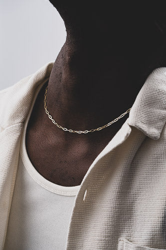 Genderless paperclip chain necklace in recycled gold, handcrafted in London